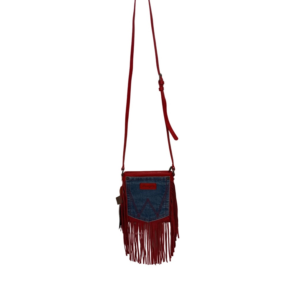 Wrangler Leather Fringe Denim Red Crossbody Bag - Picture 9 of 15